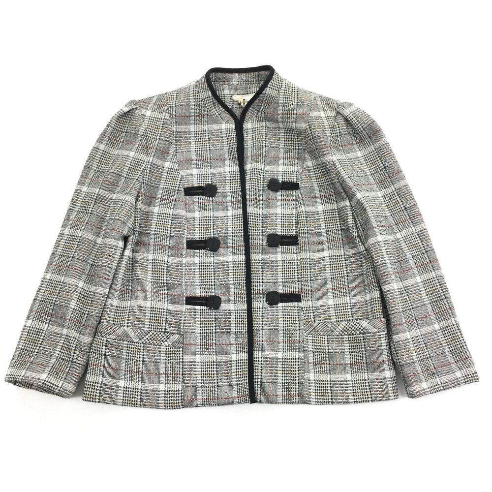 Vintage 1970s Marty Gutmacher Houndstooth Plaid Open Front Blazer Jacket L Black
